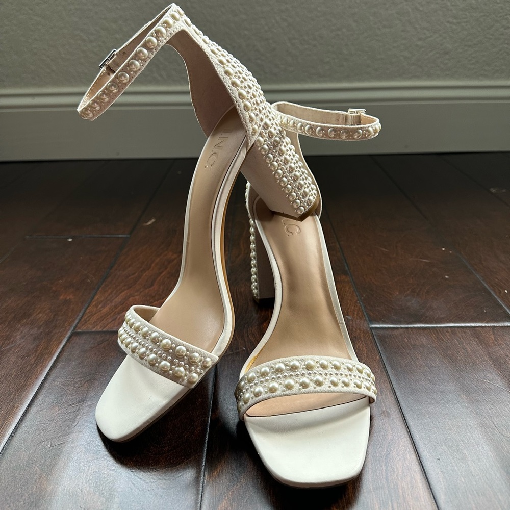 INC International Concepts Pearl Embellished Ivory Block Heel Sandals